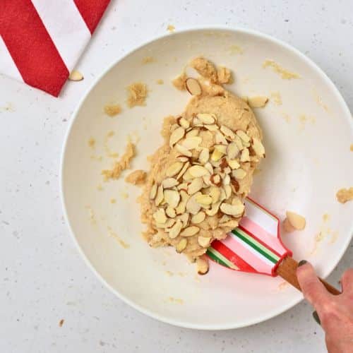 Incorporating sliced almonds into the Healthy Biscotti dough.