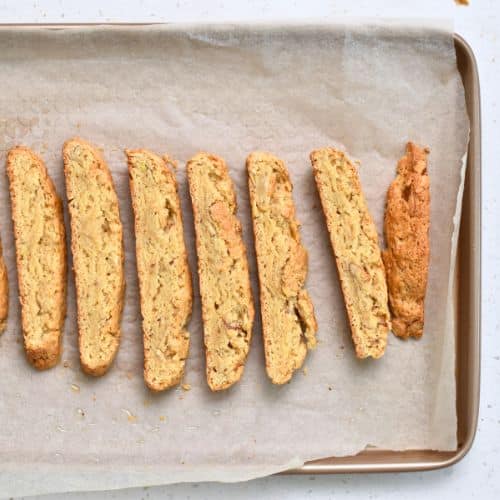 Healthy Biscotti on a baking sheet ready for their second bake.