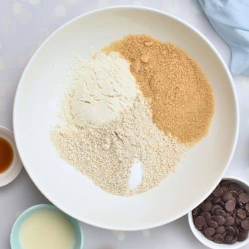 Dry Healthy Chocolate Chip Cookie ingredients in a mixing bowl.