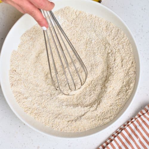 Dry Healthy Pancakes ingredients in a mixing bowl.