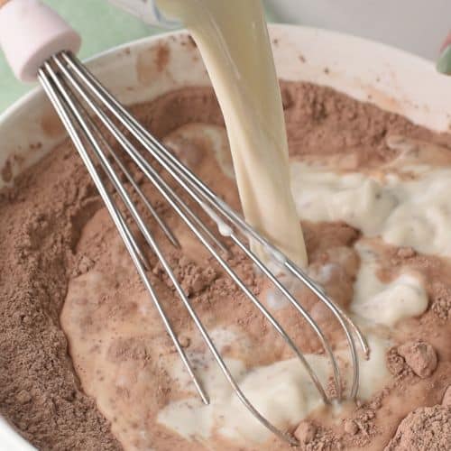 Pour the coconut milk into the dry Chocolate Pancake ingredients.