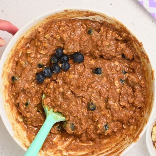 Incorporating blueberries in the Healthy Oatmeal Bar batter.