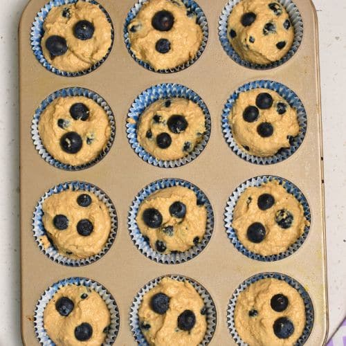 Whole Wheat Blueberry Muffins ready to bake.