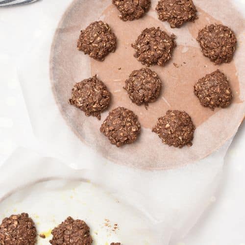 3-Ingredient No-Bake Cookies on plates ready to set.