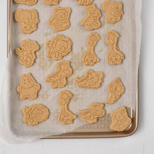 Homemade Animal Crackers ready to bake on a cookie sheet.