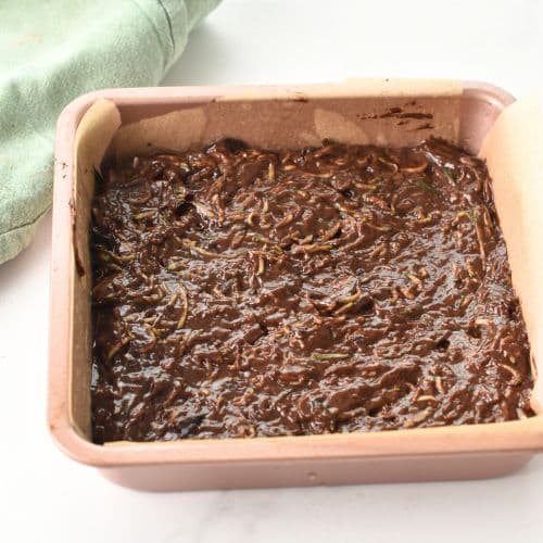 Zucchini Brownie in a pan ready to bake.